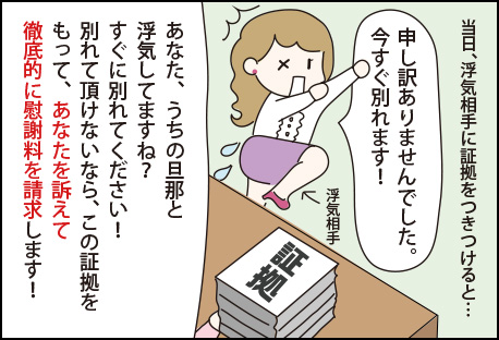 「うちの旦那と浮気していますね？すぐに別れていただけないなら、この証拠を持ってあなたを訴えて徹底的に慰謝料を請求します！」と浮気相手に証拠をつきつけると、浮気相手は「申し訳ありませんでした。今すぐ別れます！」と言いました。